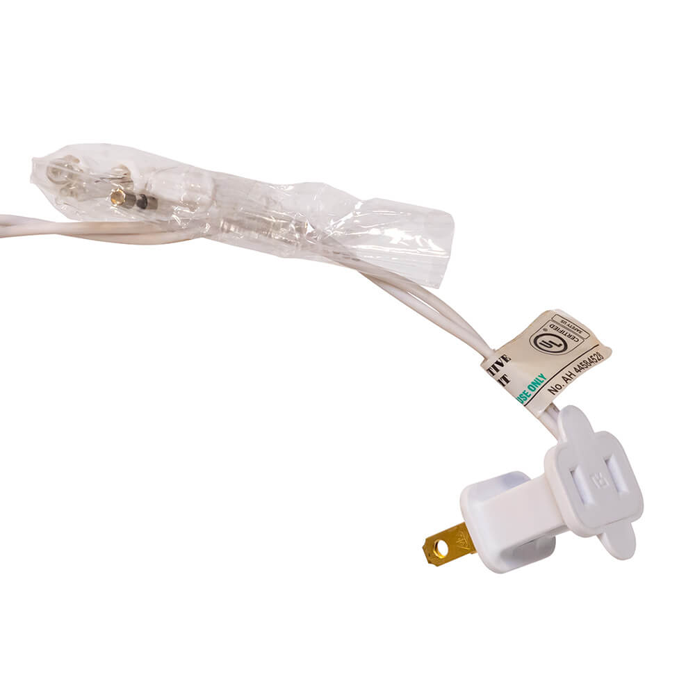 White plastic electrical cord with gold plug and clear wrapping for 14 inch classic angel tree toppers and finials