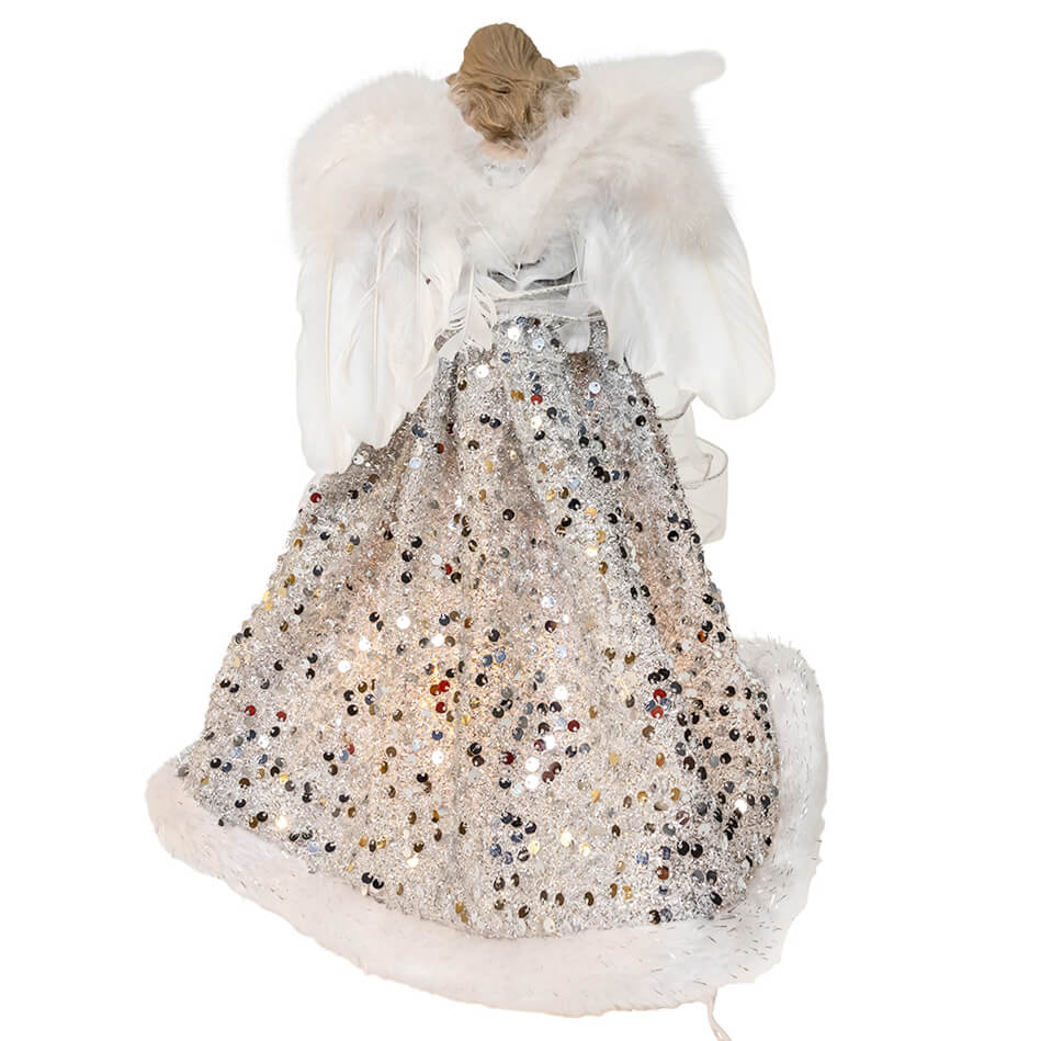 14 inch ul 10-light silver and ivory angel tree topper with sequins fluffy wings and flowing skirt for tree toppers and finials