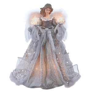 14 inch ul 10-light silver and ivory angel tree topper with glowing star hands and sequined layered gown perfect for holiday lights decor