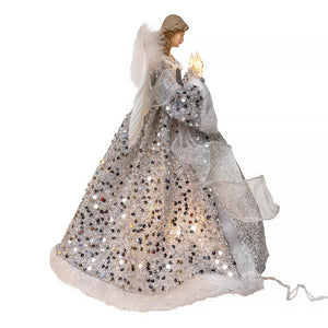 14 inch silver and ivory angel tree topper with silver sequins white feathered wings and glowing candle holiday light decor