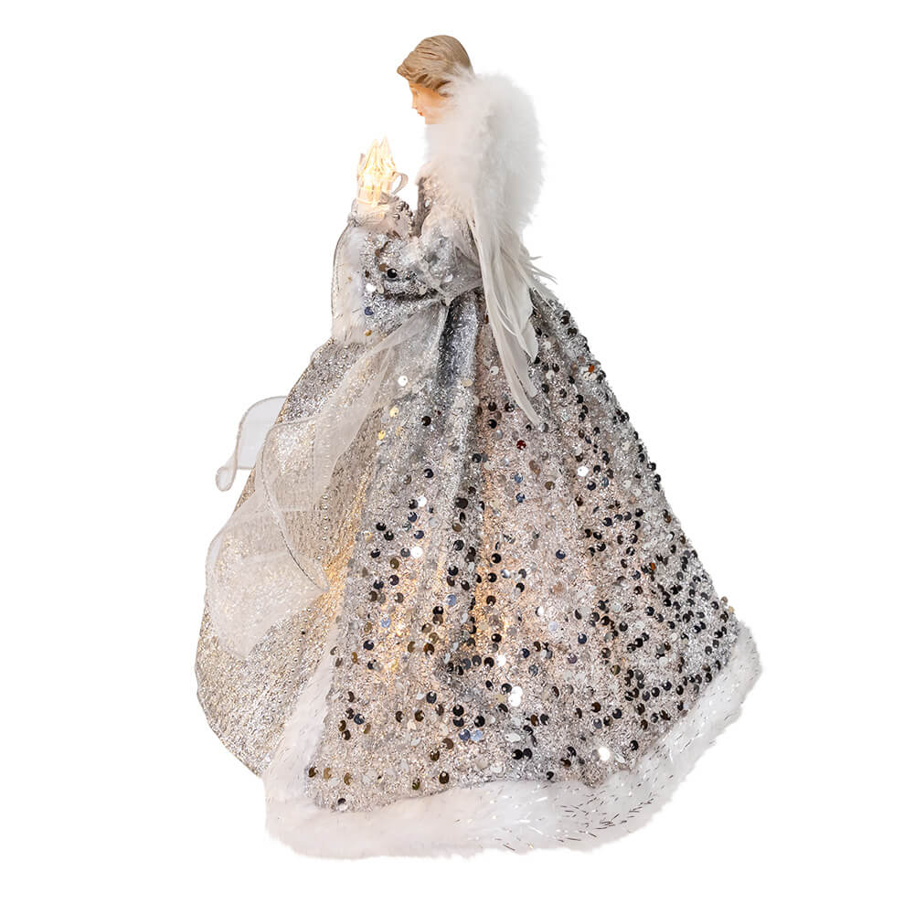 14 inch silver and ivory angel tree topper with sequined gown feathered wings and glowing candle perfect for classic angel tree toppers