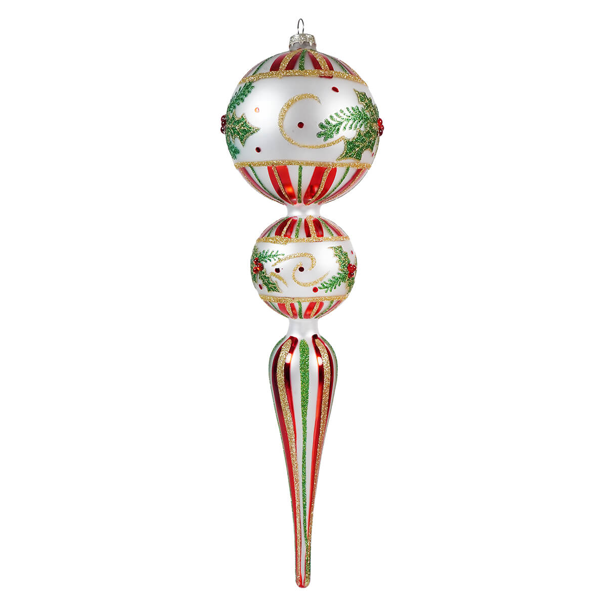 Ornate Christmas tree finial ornament with spheres and a tapered end, decorated in red, green, and gold patterns.