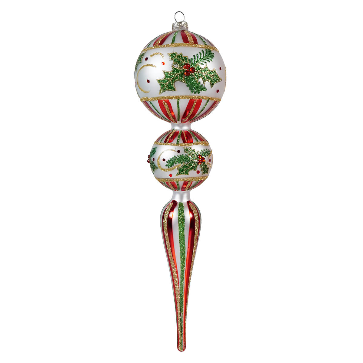 Ornate Christmas tree finial ornament with holly designs and striped patterns.