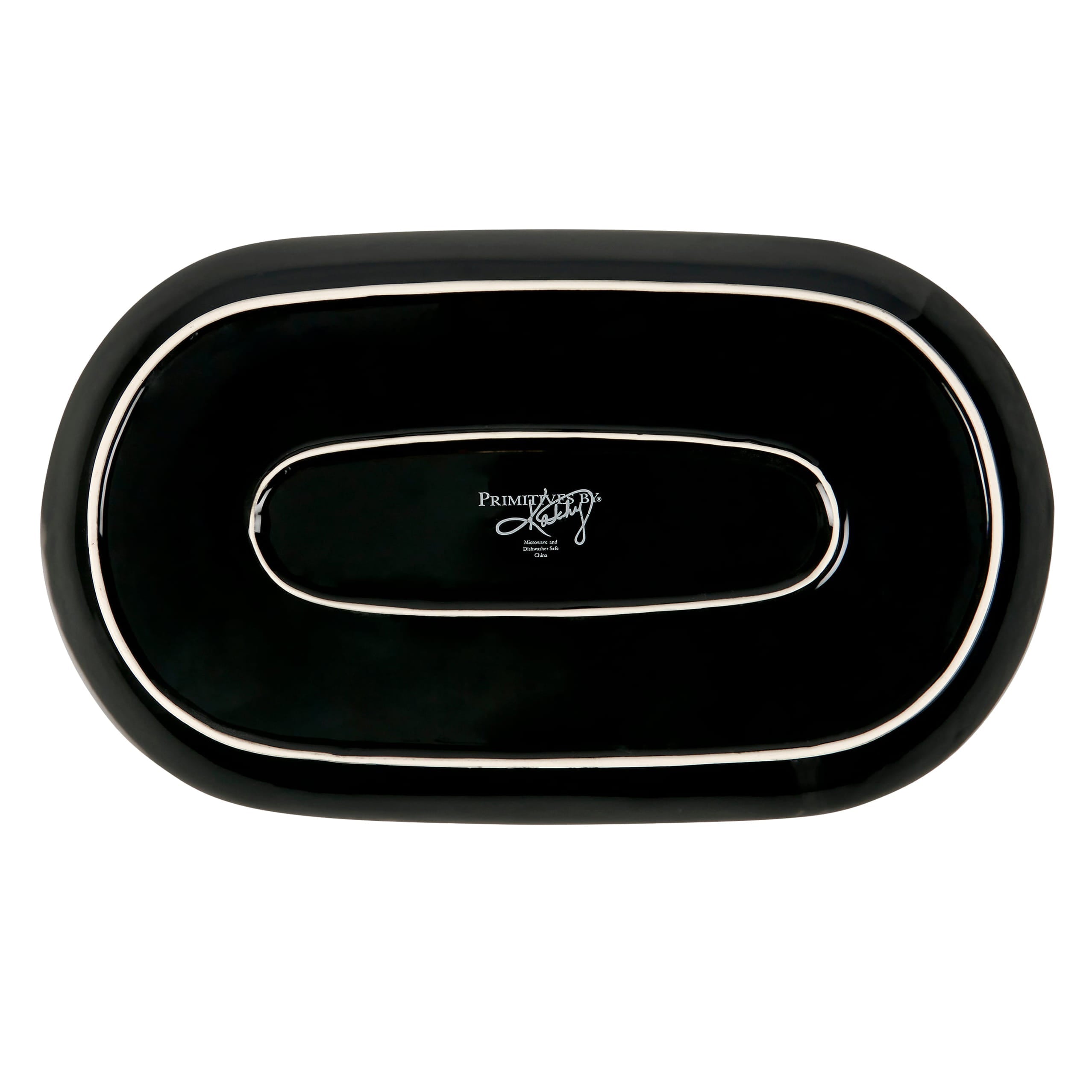 Black ceramic skeletons oval platter with glossy finish and silver rim perfect for serving