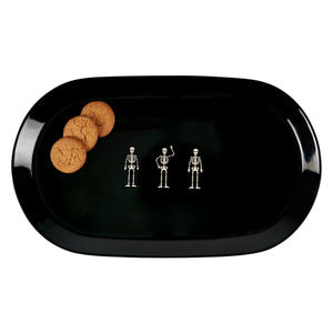Black oval platter with white skeleton illustrations perfect for halloween use skeletons oval platter design