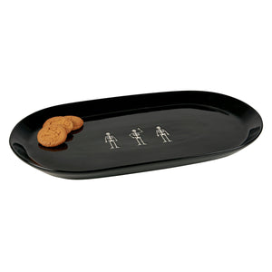 Black oval ceramic skeletons oval platter with three silver skeleton decals perfect for serving snacks