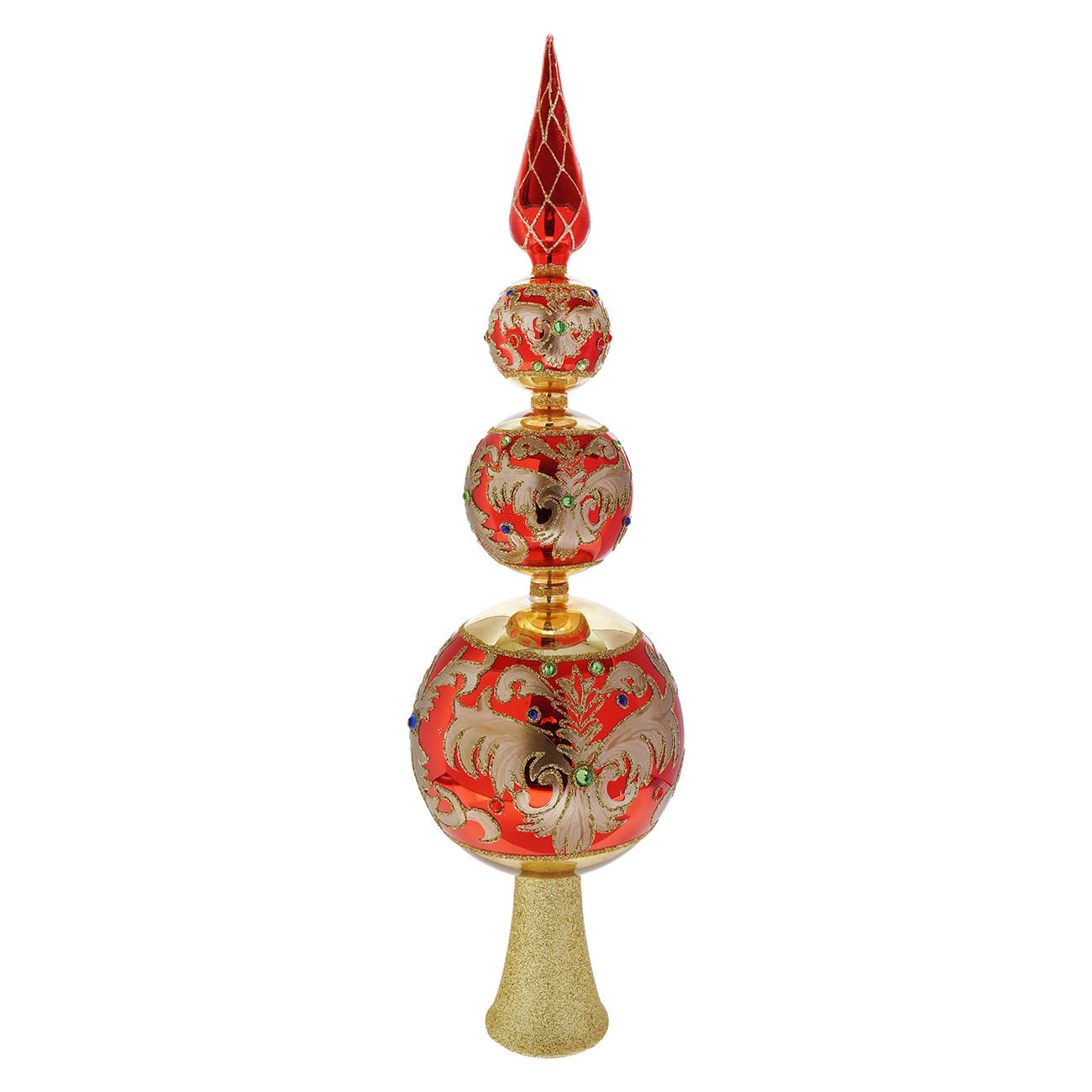 15.75 inch bellissimo glass red and gold finial tree topper with floral patterns and embedded gemstones by kurt adler