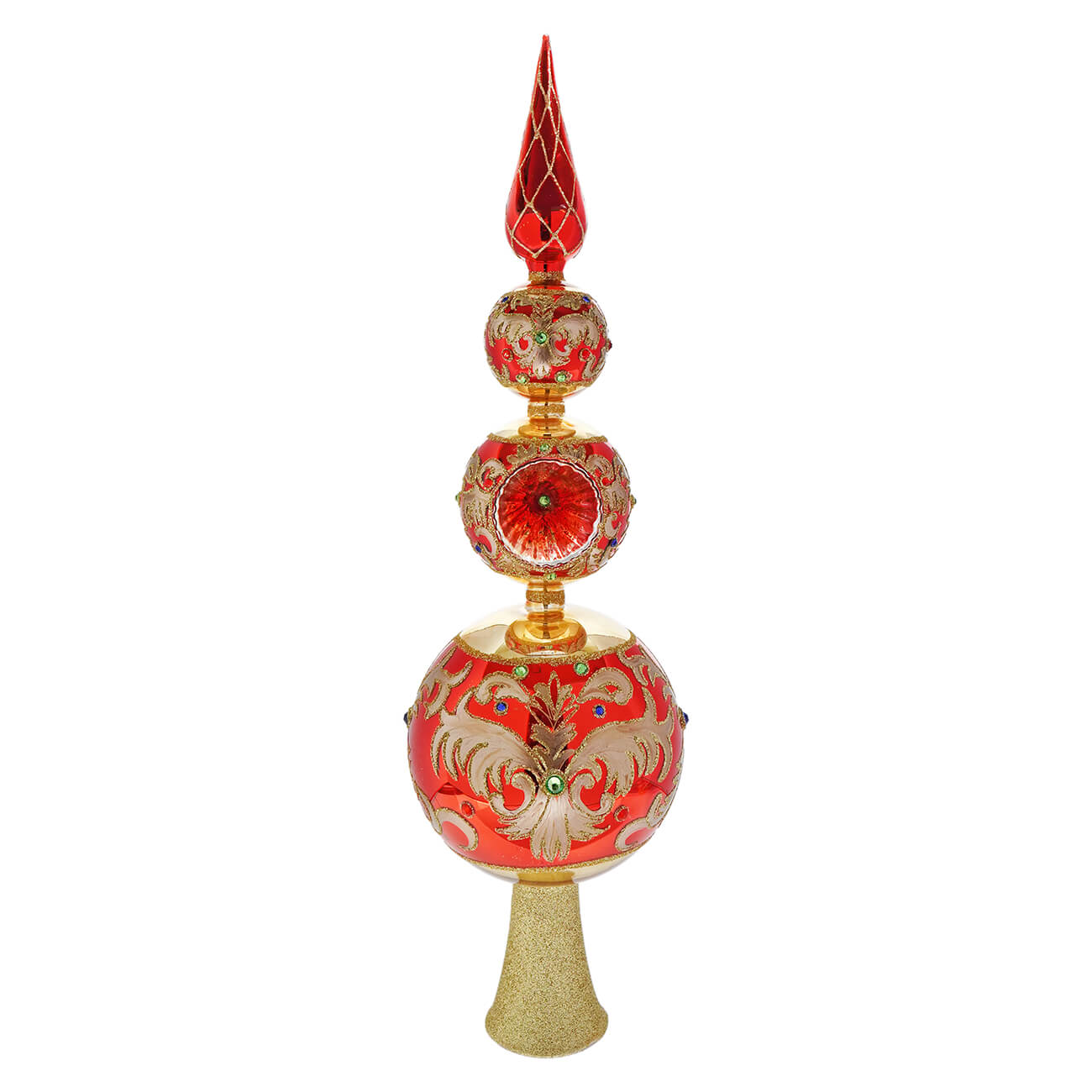 Bellissimo glass red and gold finial tree topper with ornate detailing and gemstones by kurt adler