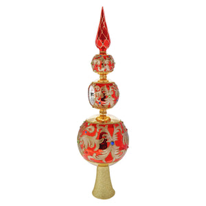 15.75 inch bellissimo glass red and gold finial tree topper with intricate floral patterns and gemstone accents by kurt adler