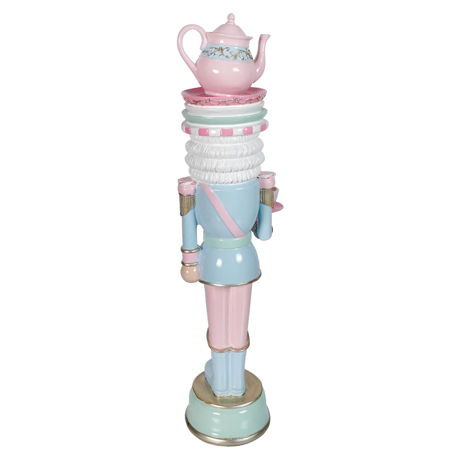 Pastel blue and pink resin dessert toy soldier balancing a decorative tea set on its head standing 15.75 inches tall