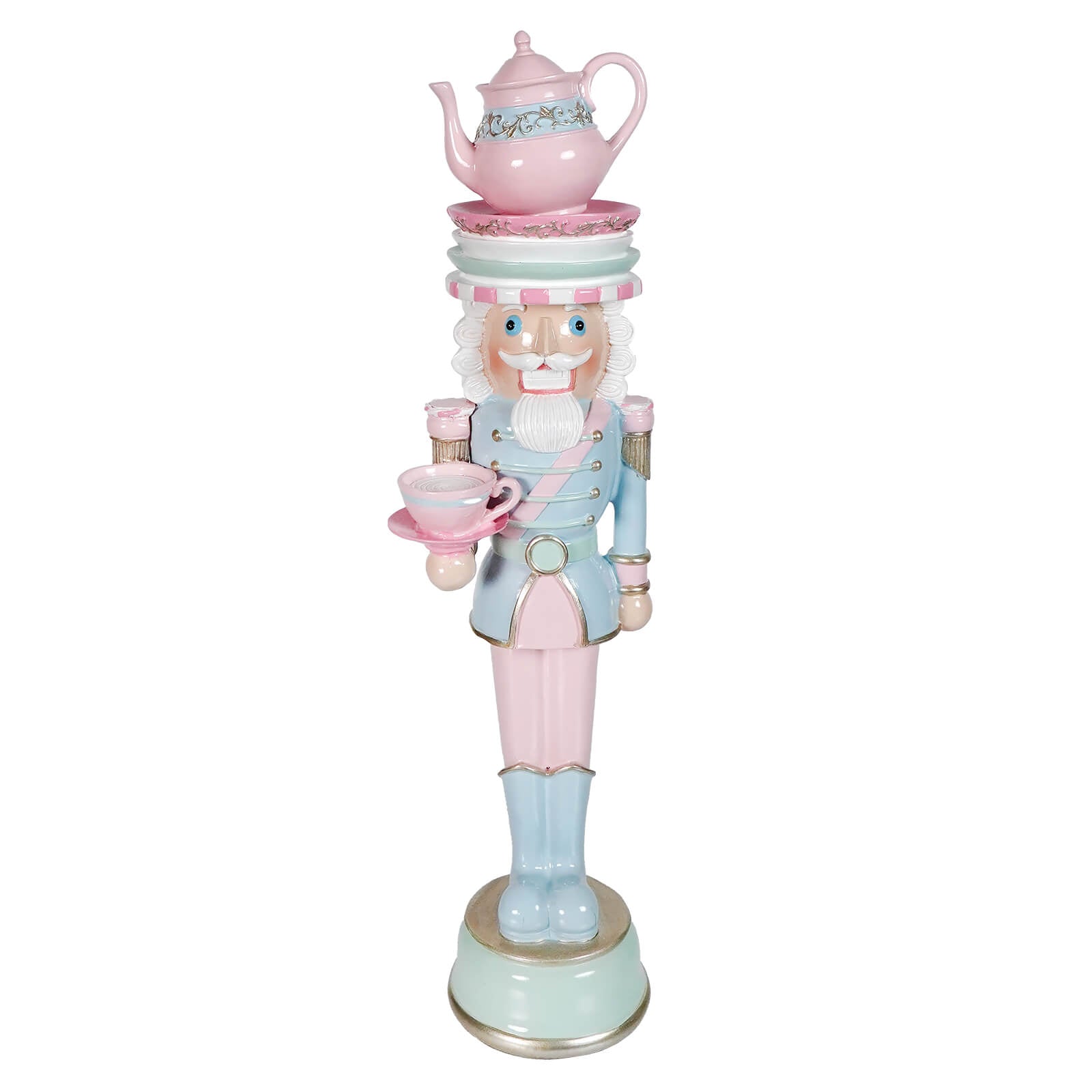 Pastel resin dessert toy soldier balancing a teapot on head holding teacup in pink and blue resin