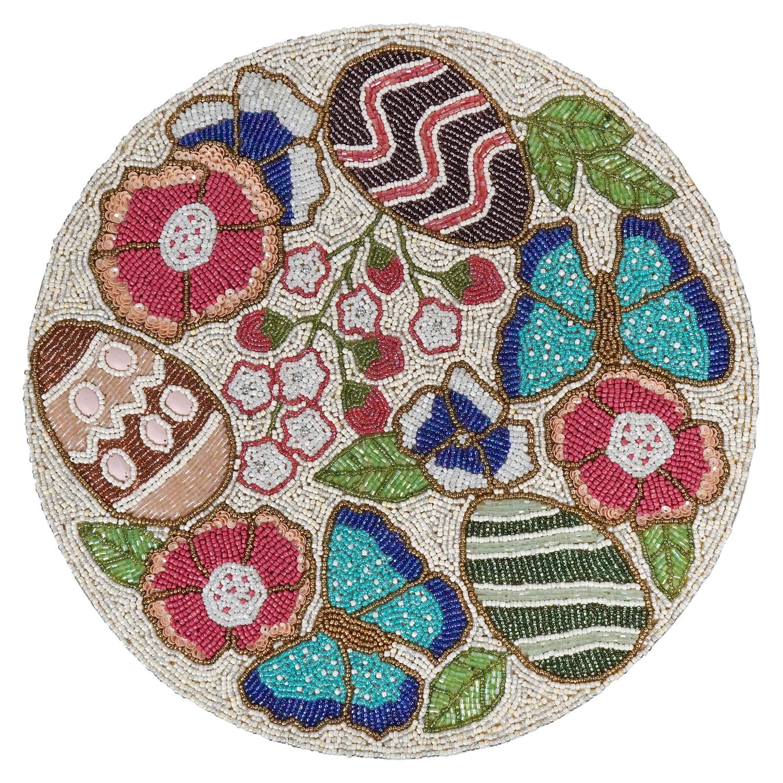Circular beaded placemat featuring butterflies, flowers, and Easter eggs in a decorative pattern.
