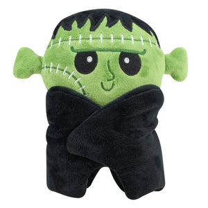 Green plush frankenbat shaped pillow featuring a frankenstein character with black stitched hair and black robe