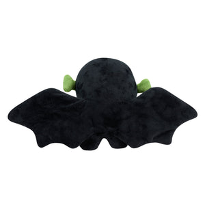 Black plush frankenbat shaped pillow with green ears perfect for spooky cozy decor or Halloween fun