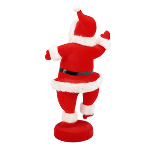 15 inch jolly red flocked retro santa sitter figurine with white fur trim and black belt on a red base, folk art santas