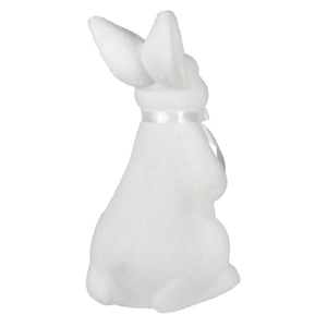 15 inch standing flocked cream easter bunny figurine with white plush fur and satin ribbon for flocked easter decor