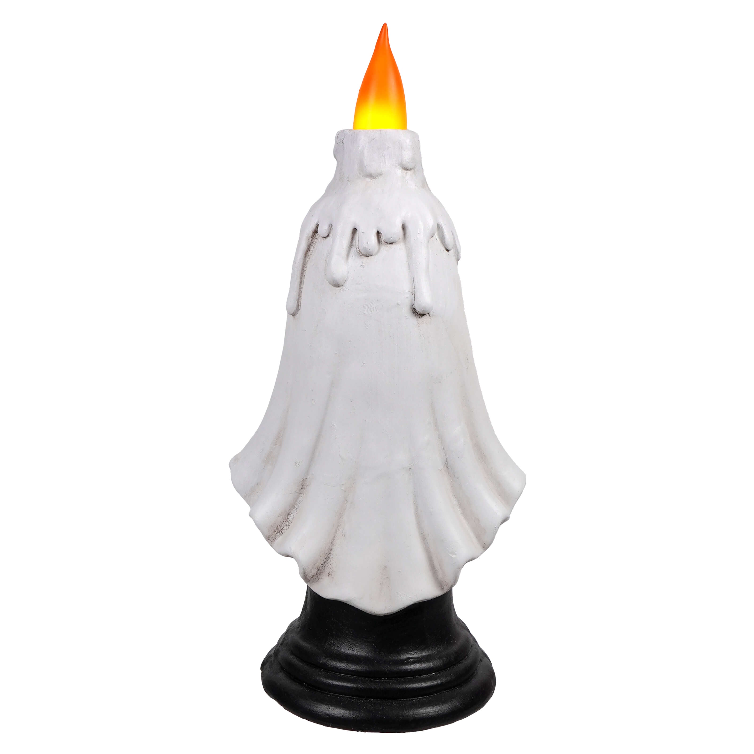 16.5 inch white plastic ghost candle with glowing orange flame and dripped wax on black base halloween lighted decor