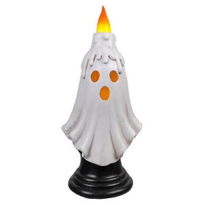 16.5 inch large white ghost candle with glowing orange flame and black base perfect for halloween lighted decor