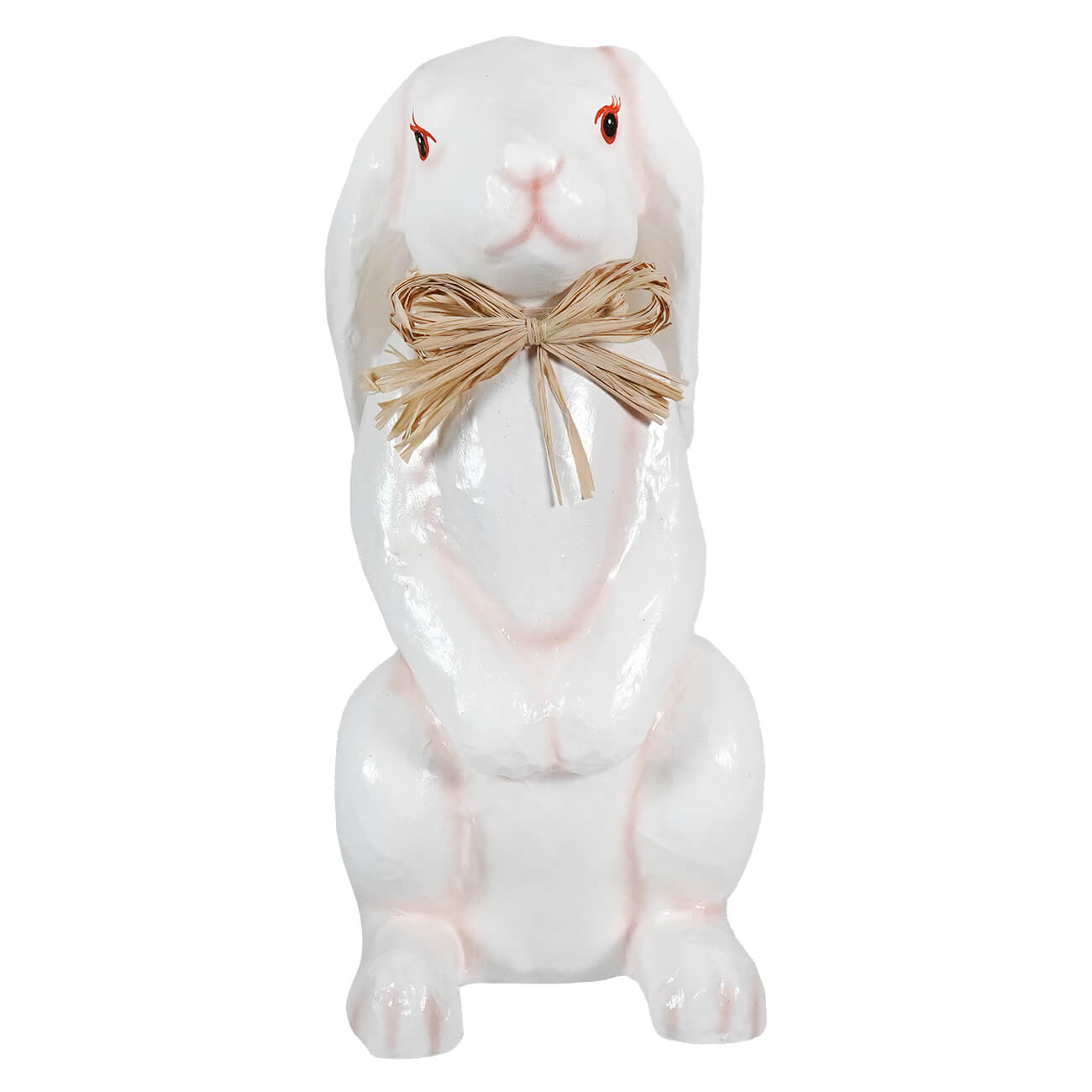 16.5 inch tall paper mache bunny figurine in white with red eyes and straw bow tie spreading holiday cheer