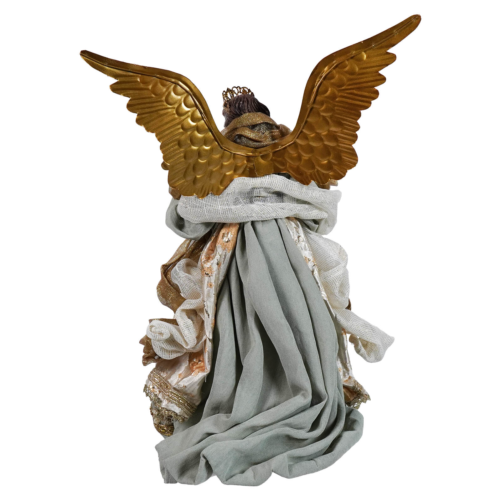 Golden-winged angel tree topper with crown draped in layered gray white fabric and gold trim for victorian angel tree