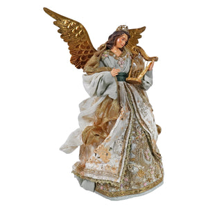 Elegant blue dress victorian angel tree topper with golden wings lace accents and detailed gold embroidery gown