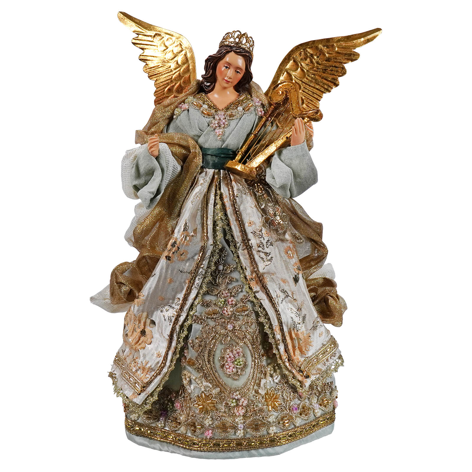 Elegant blue dress victorian angel tree topper with golden wings and crown in detailed floral embroidered gown
