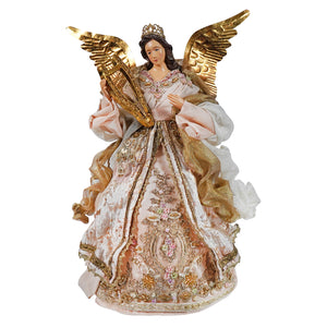 An ornate victorian angel tree topper with elegant pink dress golden wings crown and intricate embroidery