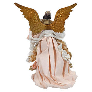 16 inch elegant pink dress victorian angel tree topper with golden feathered wings and white lace trim for holiday decor