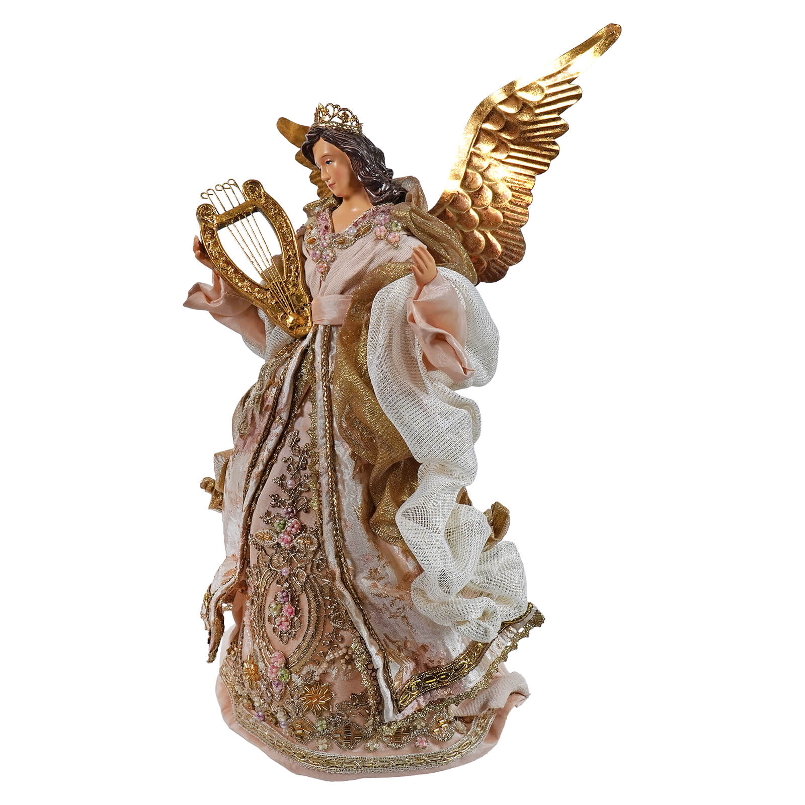 16 inch victorian angel tree topper with golden wings, crown, and elegant pink dress in cream and gold fabric