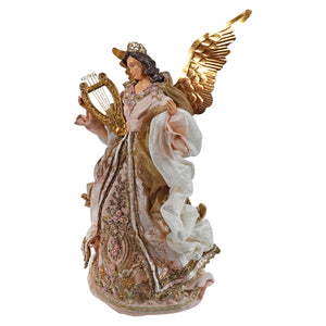 16 inch victorian angel tree topper with golden wings, crown, and elegant pink dress in cream and gold fabric