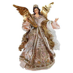 A 16 inch victorian angel tree topper with elegant pink dress, golden wings, crown, and intricate embroidery decor