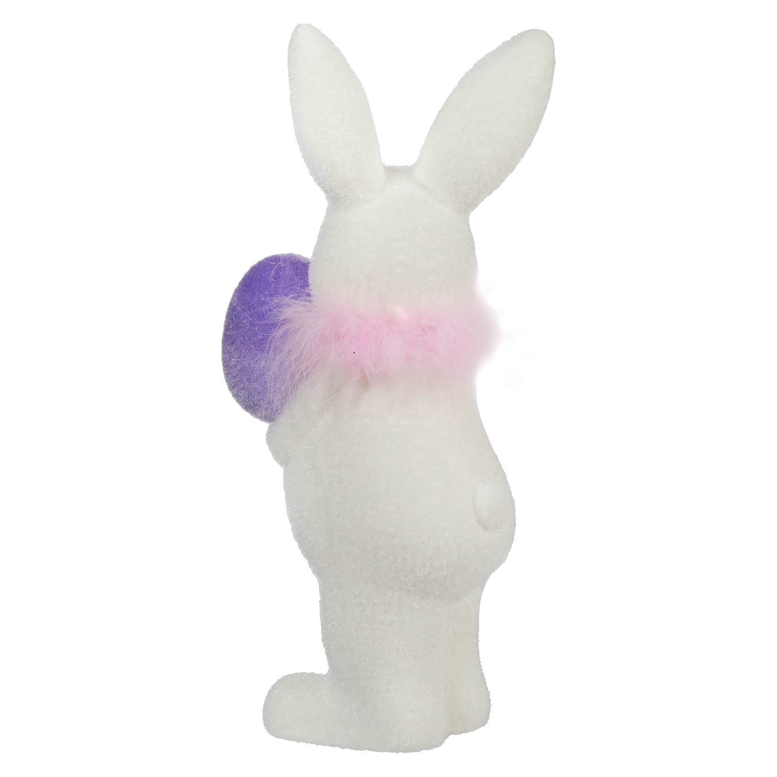 White bunny figurine wearing a purple and pink fluffy collar.