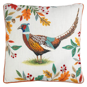 A 16 inch harvest pheasant pillow with embroidered blue headed pheasant and autumn leaves on white linen background