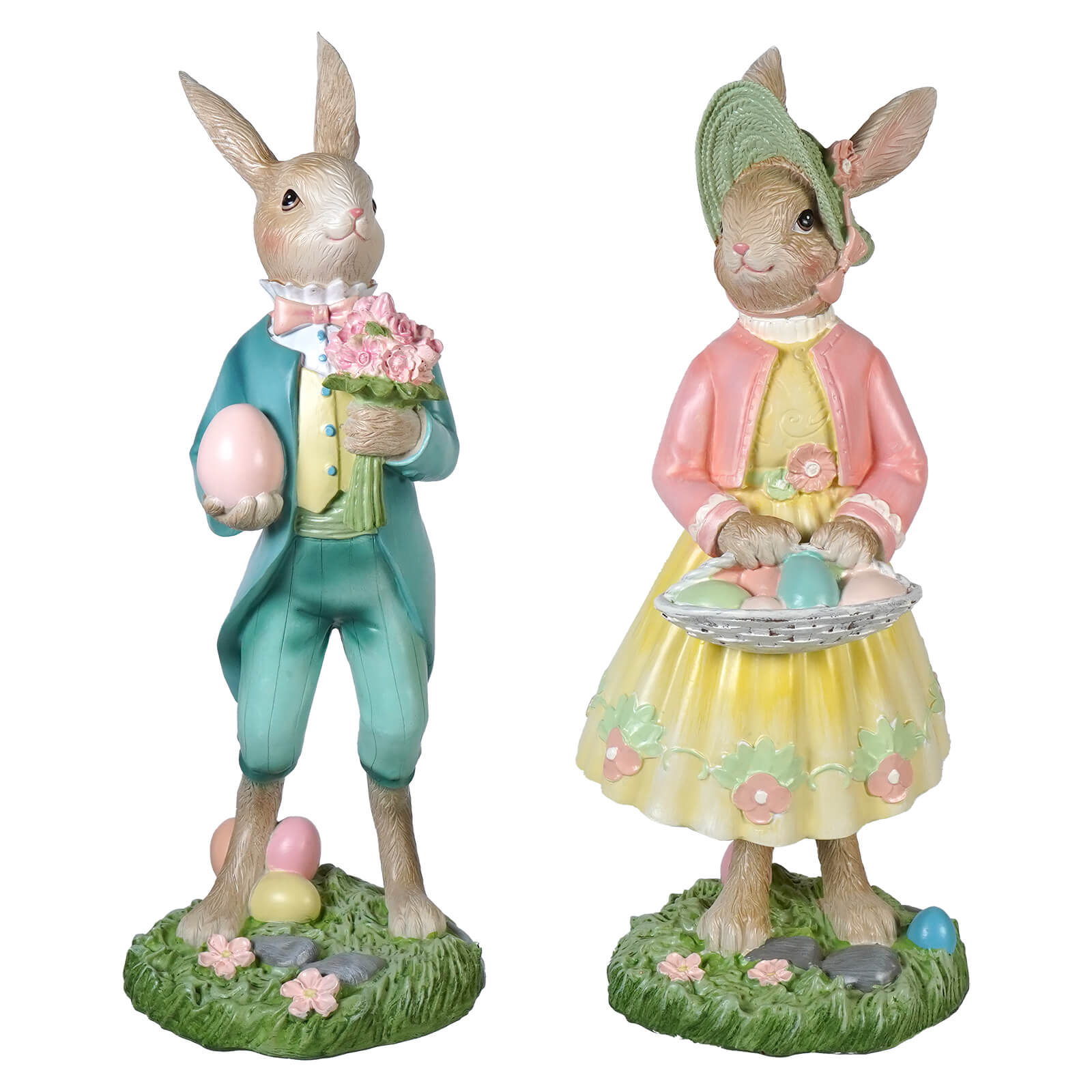 16 inch large dapper dressed easter bunny couple figurines carrying colorful eggs perfect for spring decor