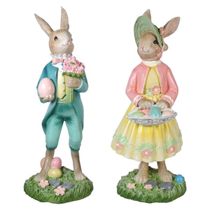 16 inch large dapper dressed easter bunny couple figurines carrying colorful eggs perfect for spring decor