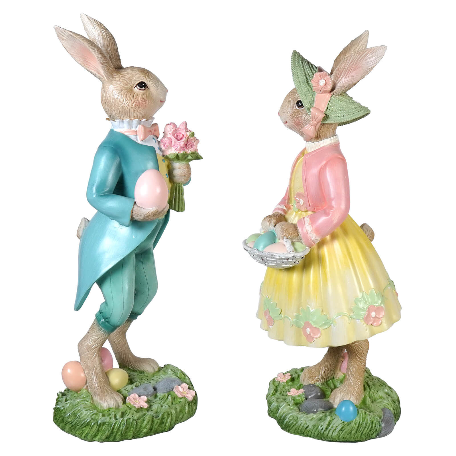 16 inch large dapper dressed easter bunny couple resin figurines with teal suit and yellow floral dress carrying colored eggs