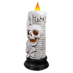 White plastic 16 inch large led skull candle with flickering faux flame halloween lighted decor