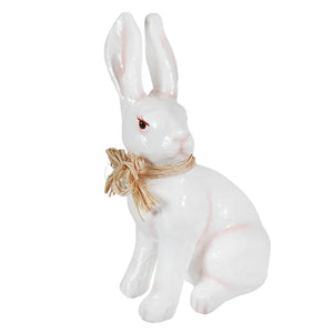 16 inch white paper mache bunny with upright ears red eyes and woven straw bow perfect for dekorasyon easter