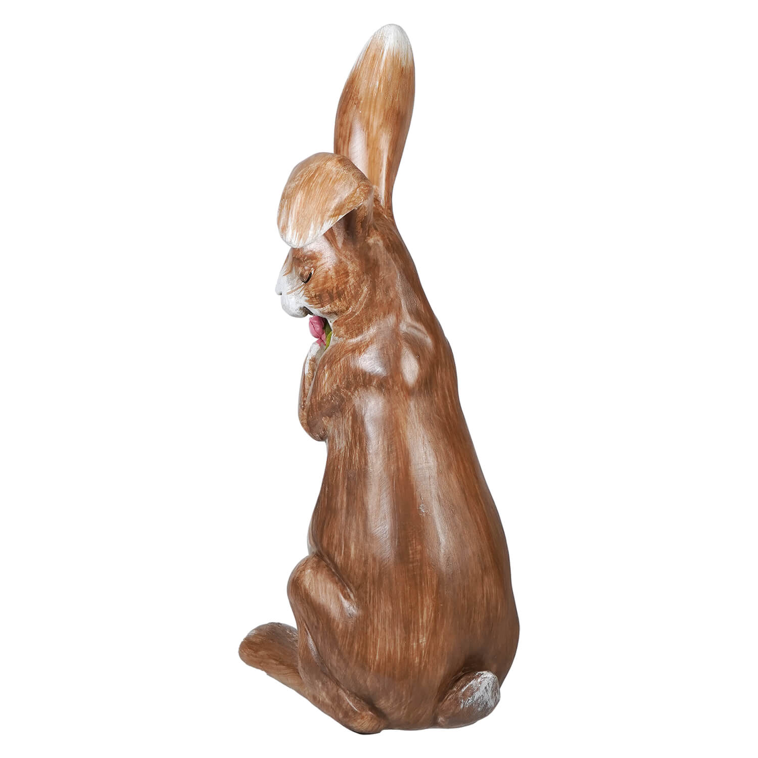 A detailed 16 inch serene brown bunny resin figurine clutching a spring floral bouquet with white tipped ears and paws