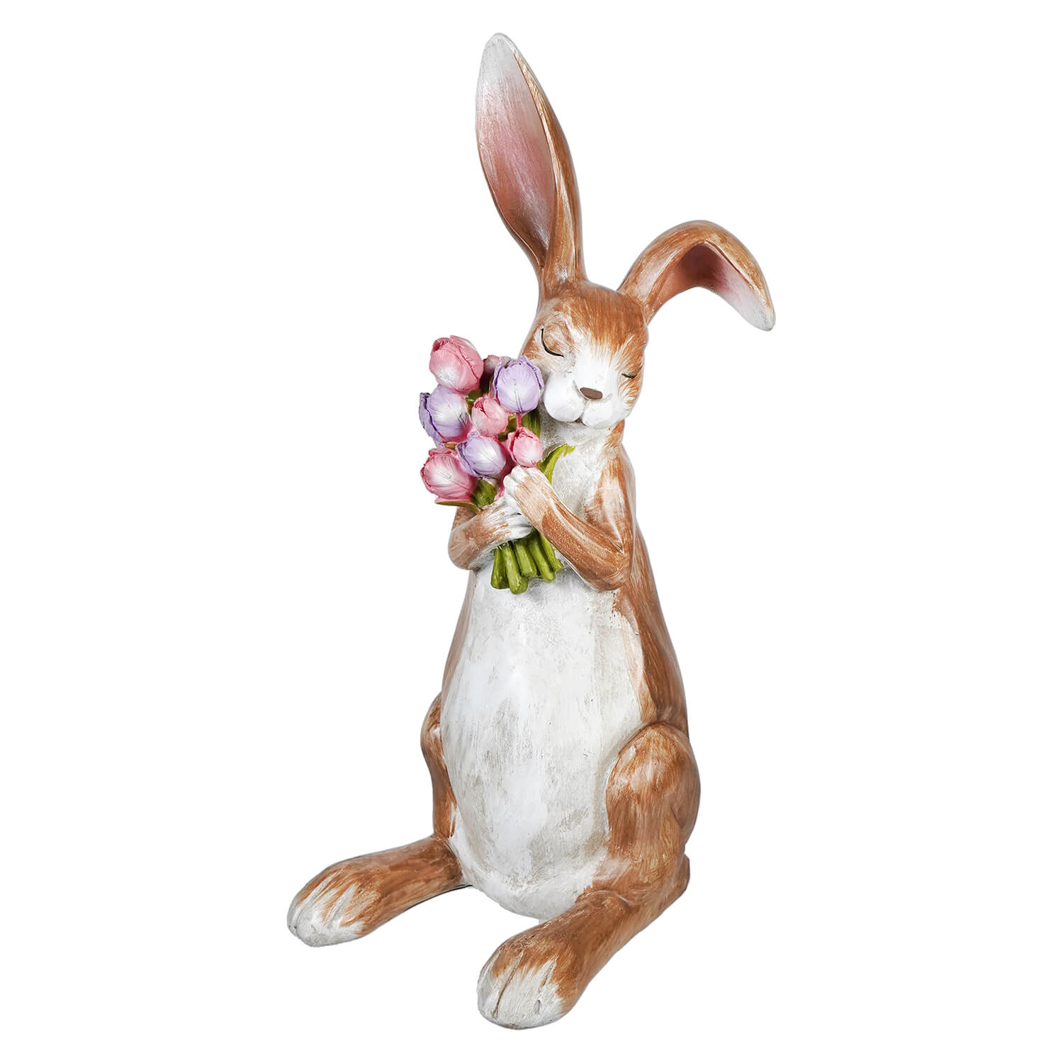 Serene brown bunny figurine clutching spring floral bouquet in brown and white holding flowers 16 inch tall