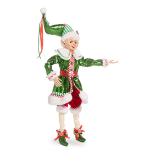 A 16 inch raz imports christmas traditional posable red coat elf with a shiny green and red metallic coat and candy cane belt buckle