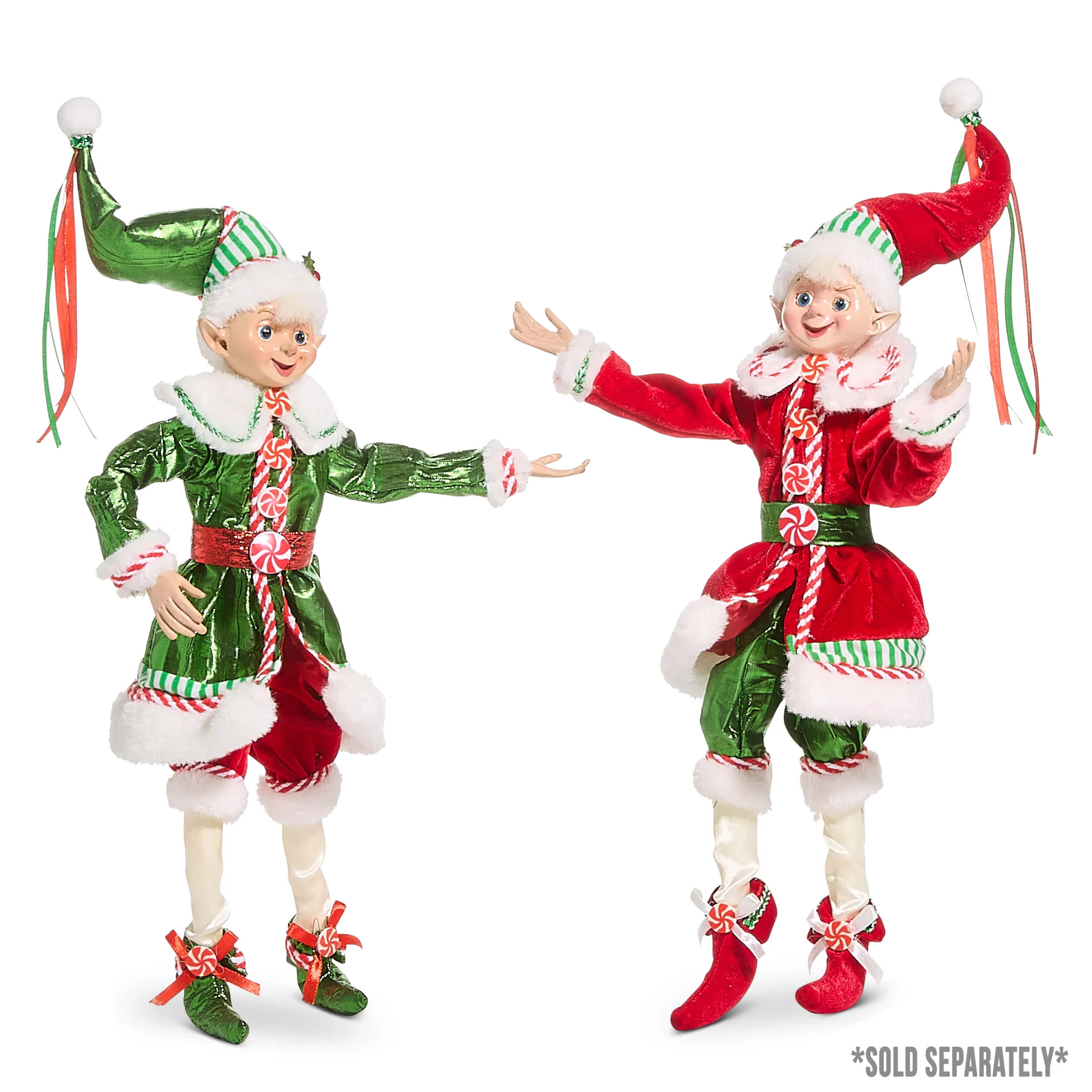 Two festive raz imports christmas traditional posable red coat elf figurines in green and red with candy cane and velvet details