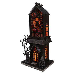 Black halloween-themed lighted spider haunted gothic house lantern with glowing orange light and glittery accents