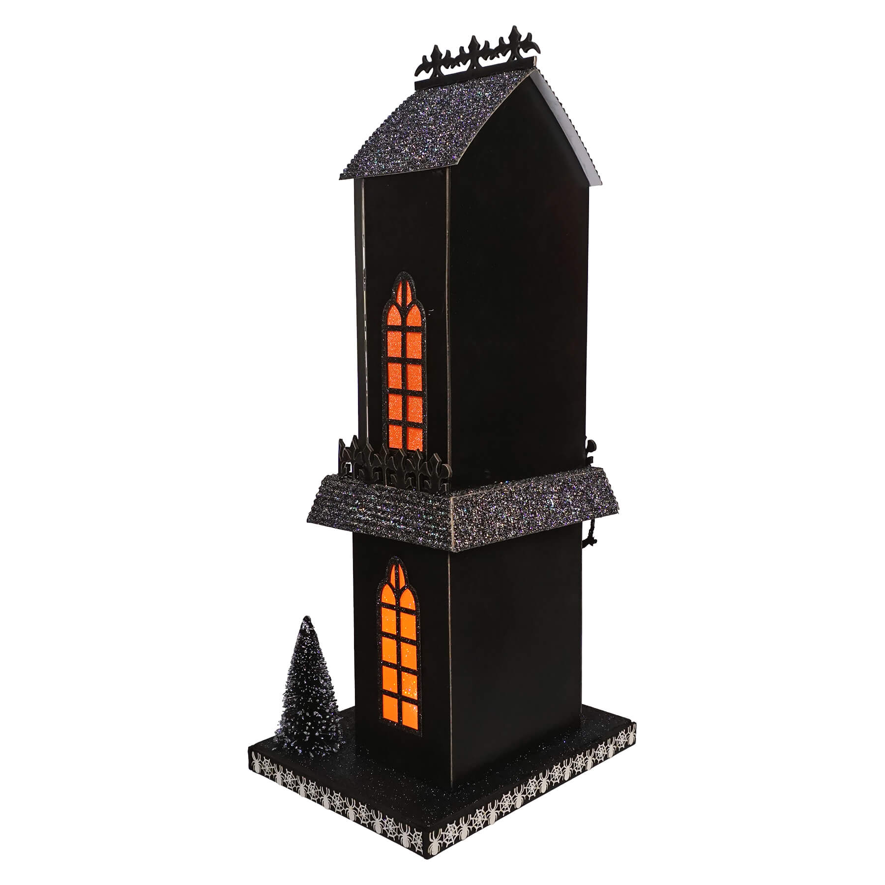 17.25 inch black glittery spider haunted gothic house with orange lit windows and mini pine tree base for haunted village scene