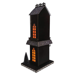 17.25 inch black glittery spider haunted gothic house with orange lit windows and mini pine tree base for haunted village scene