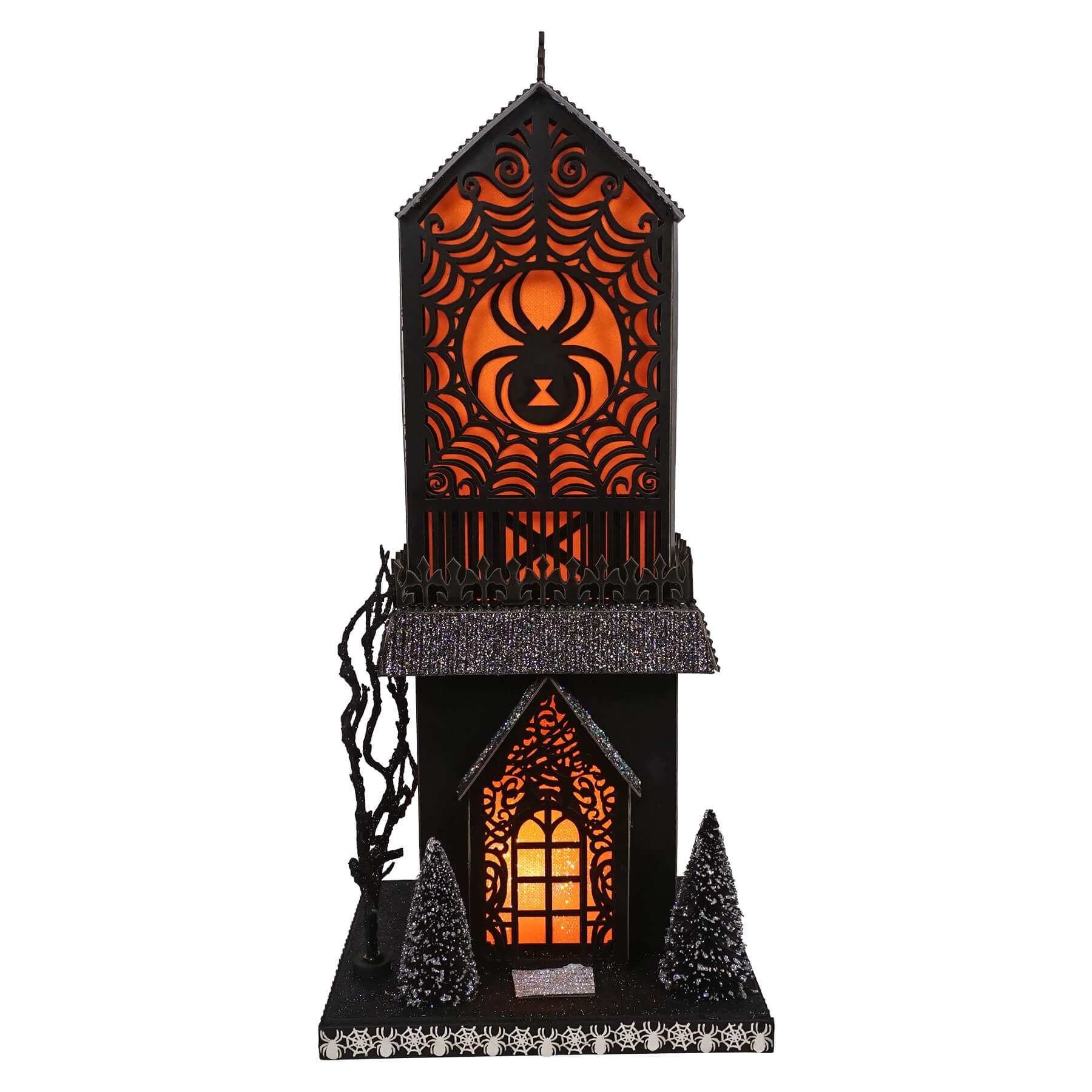 Black 17.25 inch lighted spider haunted gothic house with glittery roof, glowing orange light, and spiderweb cutouts