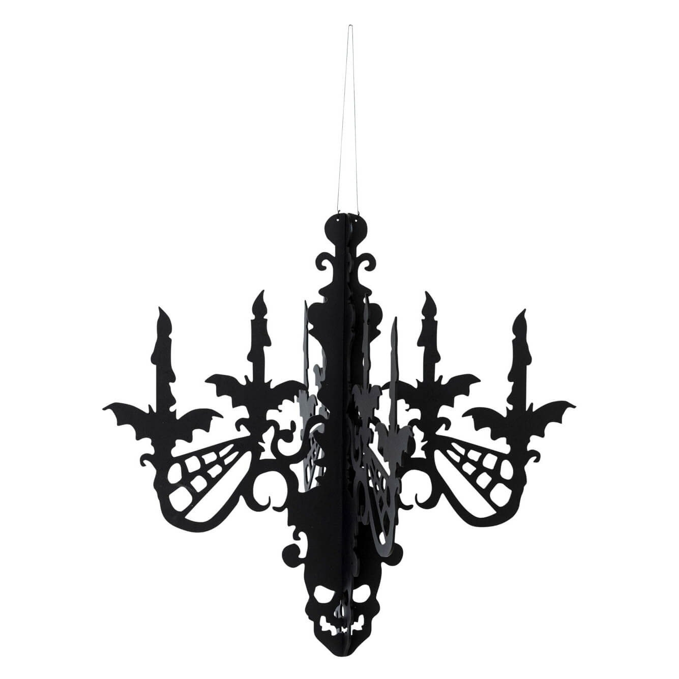 17 inch hanging mdf interlocking black chandelier with bats skull centerpiece and spiderweb cutouts for halloween decor