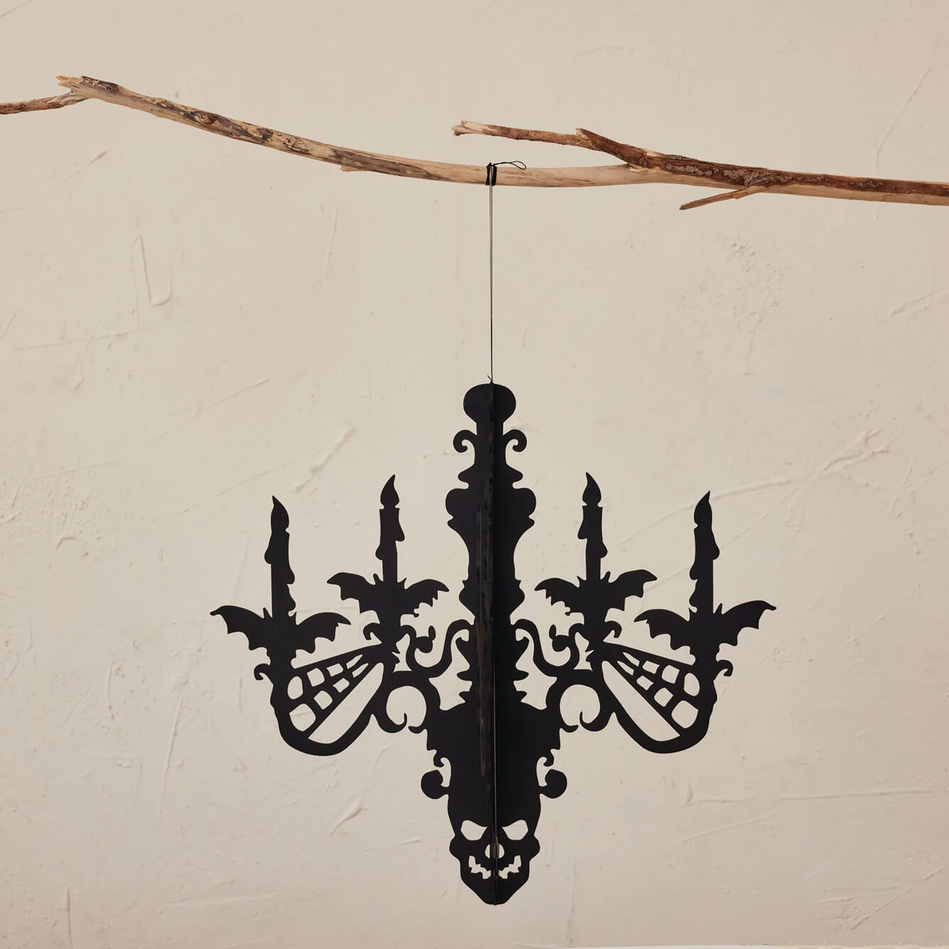 17 inch hanging mdf interlocking black chandelier with bat and skull motifs for spooky decor