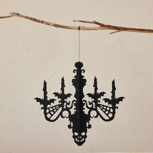 17 inch hanging mdf interlocking black chandelier with bat and skull motifs for spooky decor