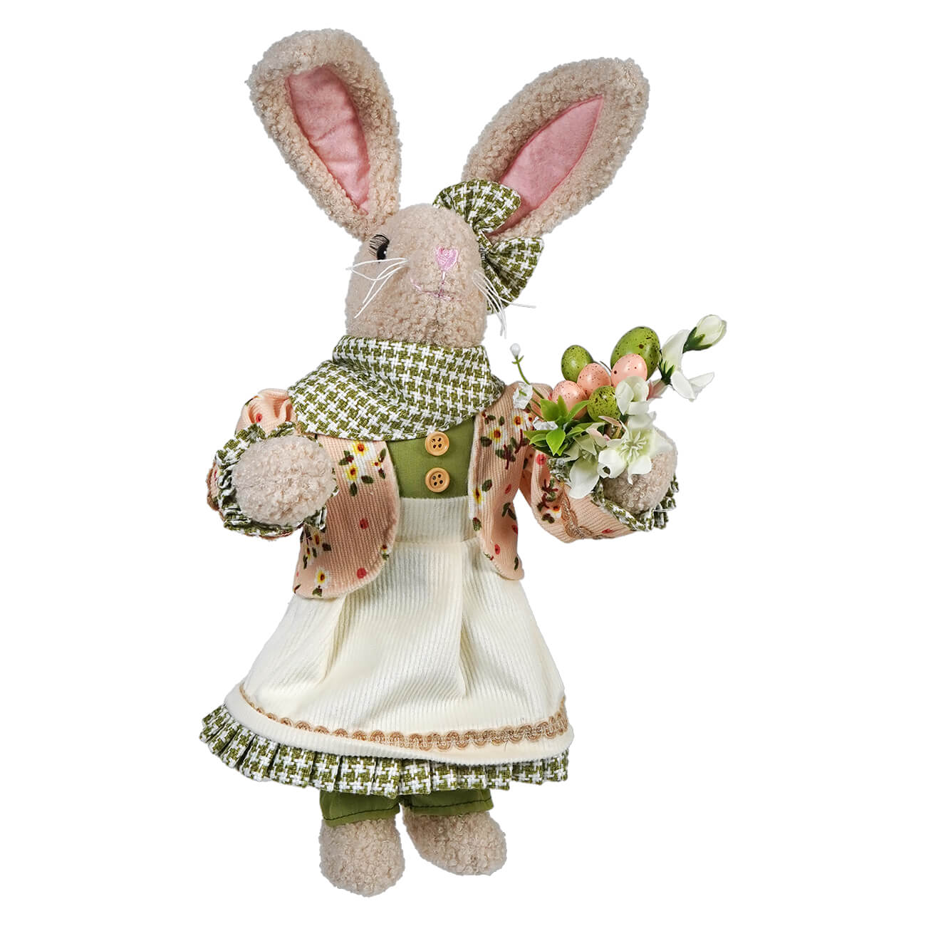 Plush Easter bunny wearing a green checkered dress and bow while holding spring flowers.